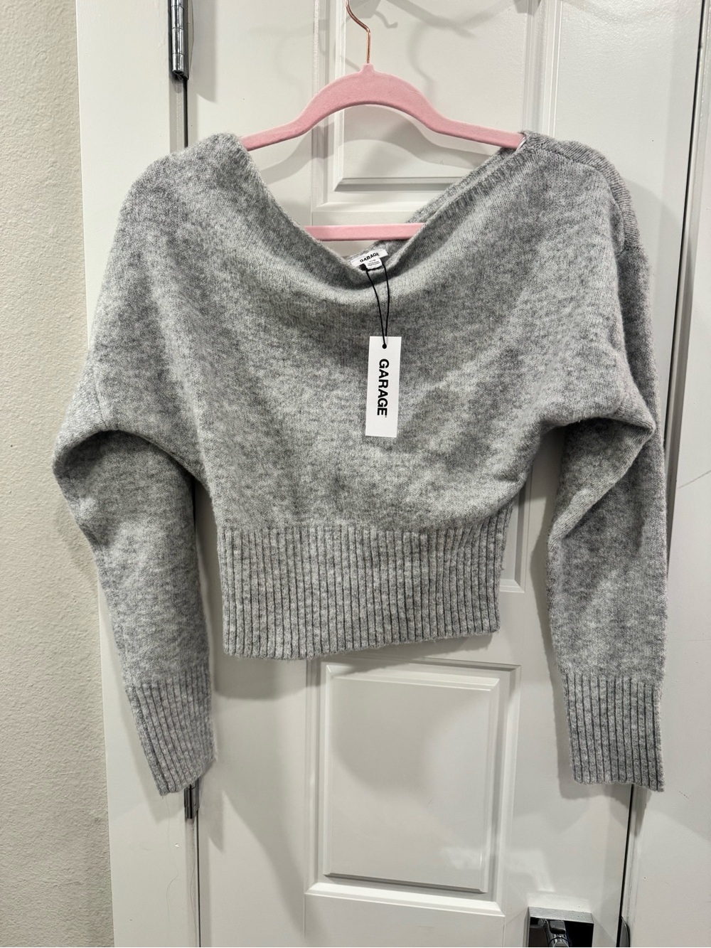 Garage Light Gray Off-the-Shoulder Cropped Sweater